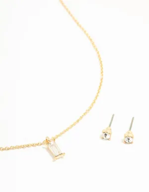 Gold Baguette Cut Diamante Necklace & Stud Earrings Set