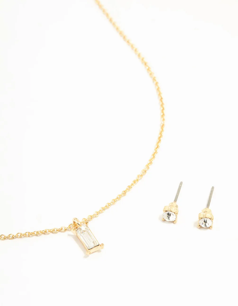 Gold Baguette Cut Diamante Necklace & Stud Earrings Set