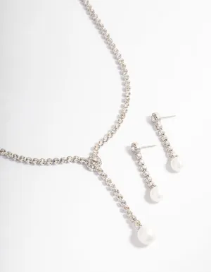 Rhodium Round Cupchain Pearl Earring & Necklace Jewellery Set