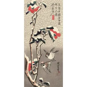 Sparrows and Camellia in Snow Hiroshige Woodblock Print