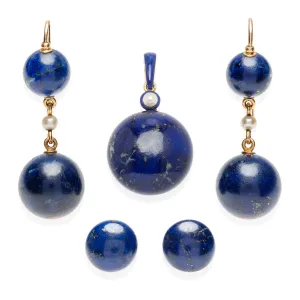 Victorian 18kt, Pearl, Enamel   Carved Lapis Lazuli Earrings, Pendant   Button Set