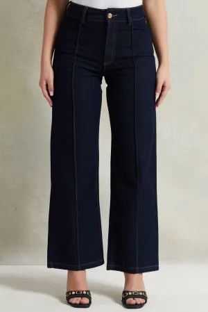 Women Navy Wide Leg Front Seam Jeans